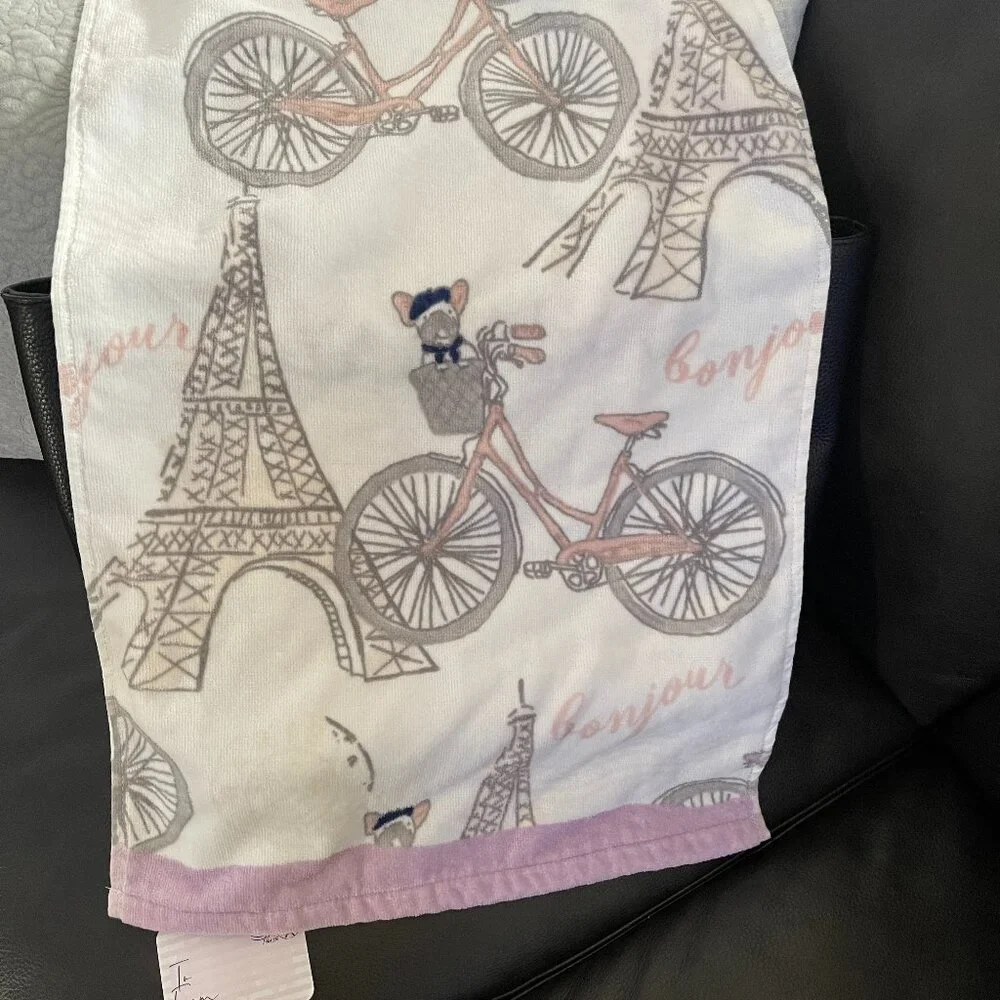 New Paris Themed Hand Towel w Bicycle flowers, Eiffel tower 100% COTTTON